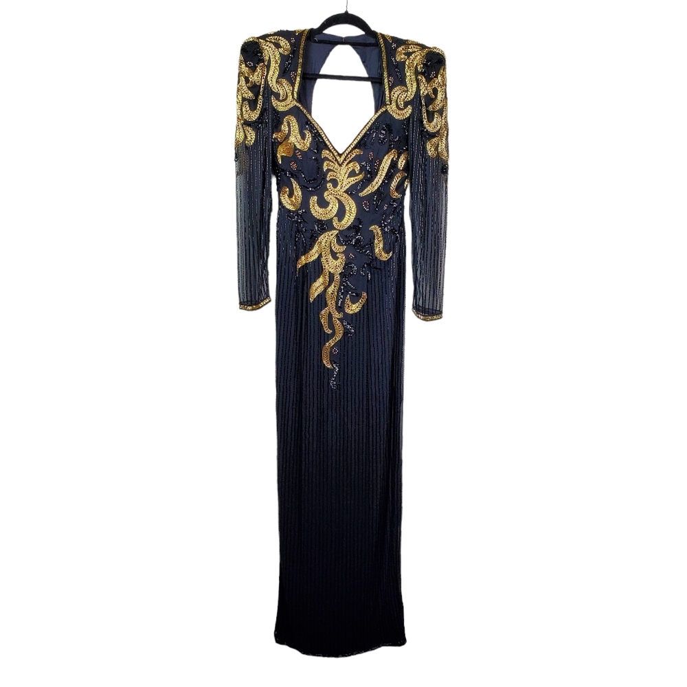 Alyce Designs Vintage Black Gold Beaded Sequin Embellished Maxi Dress Dize 6‎
